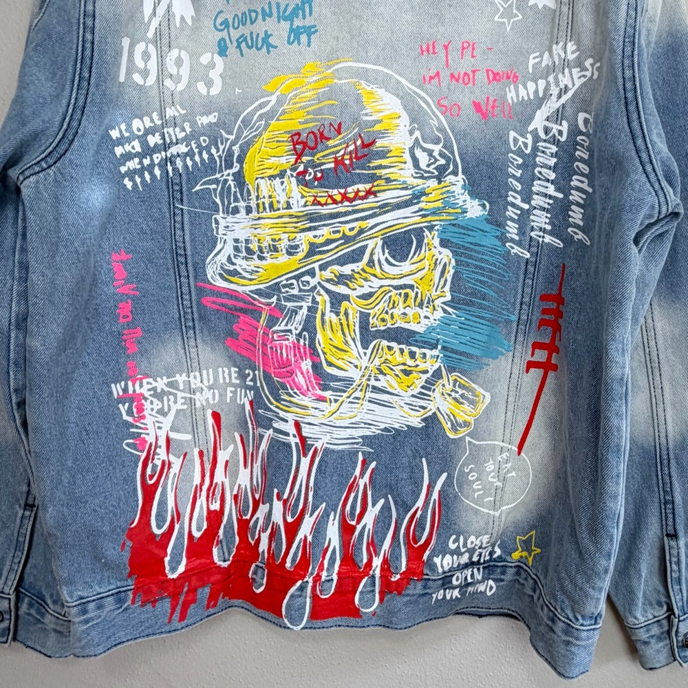 Rockstar Original Koontz Blue Jean Jacket Painted Graffiti Print Size Medium - Picture 8 of 11